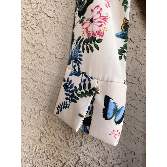 H&M Cream Blue & Pink Butterfly Floral Printed 3/4 Sleeve Belted Boatneck Dress - Picture 9 of 17